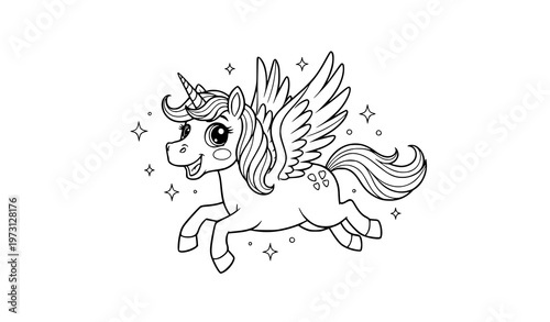 Flying unicorn cartoon coloring page vector with wings magical fantasy character outline for children coloring book