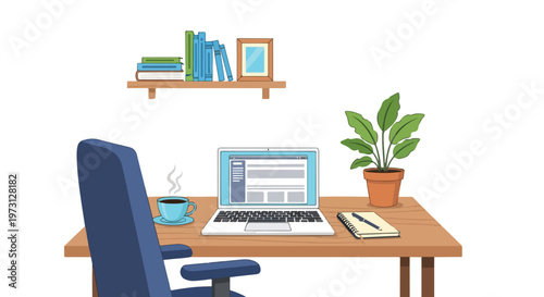 Cozy Home Office Setup with Laptop, Coffee, and Plant for Productive Workday Ambiance