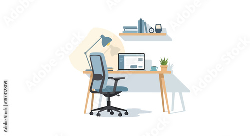 Minimalist home office setup with a desk, chair, laptop, and desk lamp, showcasing productivity and modern design