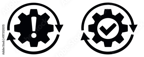 Modern line art status indicator set featuring gears with exclamation and check marks for system processes and workflow feedback