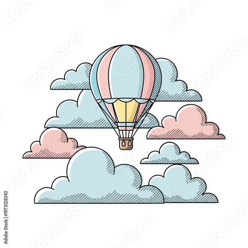 Whimsical Hot Air Balloon Floating Among Pastel Clouds Illustration