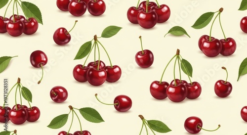 Seamless pattern of fresh red cherries with green leaves on a light background, perfect for fabric, wallpaper, and digital designs.
