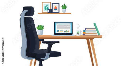 A modern and minimalist home office setup featuring a comfortable ergonomic chair and a desk with a laptop, plants, and books, ideal for