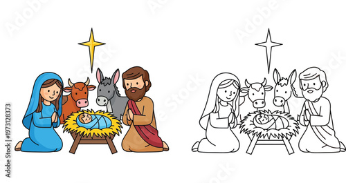 Cute Christmas Nativity Scene with Baby Jesus, Mary, Joseph, Cow and Donkey, Cartoon Illustration with Black and White Coloring Page Outline for Kids Education and Religious Holiday