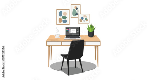 Stylish minimal home office setup with laptop, coffee, plant, and abstract art creating a productive workspace for creative endeavors