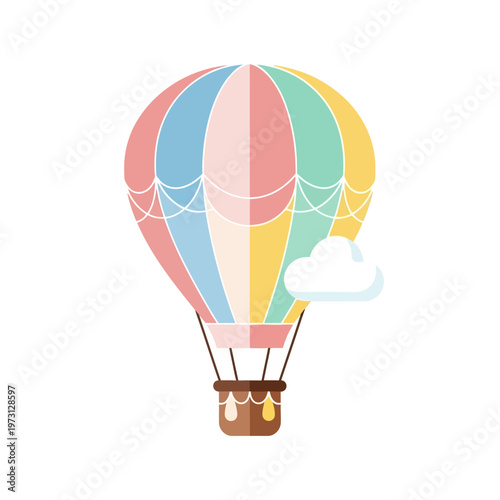 Colorful Hot Air Balloon Floating in Sky with Fluffy Cloud