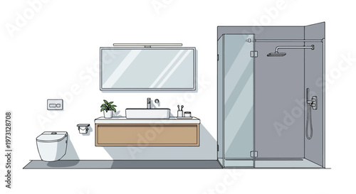 Modern bathroom interior design with shower, vanity, and toilet, simple line art illustration, minimalist aesthetic, clean and functional space,