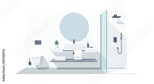 Modern minimalist bathroom illustration with a sleek white toilet, floating vanity, and glass-enclosed shower