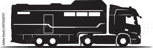 Black semi-truck, RV, motorhome, vehicle silhouette, transportation icon