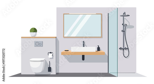 Modern minimalist bathroom interior design with sleek fixtures and a glass-enclosed shower creating a clean and functional living space