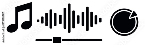 Simple icon music and audio set featuring a musical note, an equalizer, a volume dial, and a fader for user interface design
