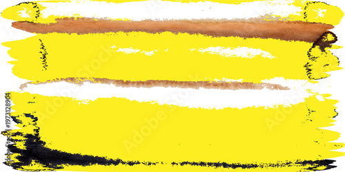 Yellow grunge paint splashes on a torn paper texture background featuring a ripped edge frame and blank empty space for design illustration