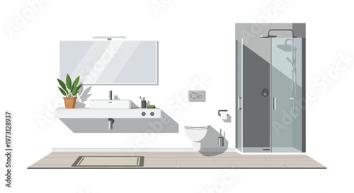 Modern and minimalist bathroom interior design featuring a sleek vanity, toilet, and glass shower enclosure with natural light and shadows