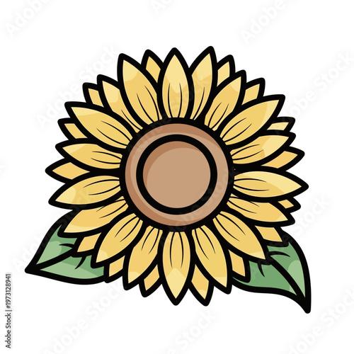 Hand-drawn sunflower illustration with green leaves, isolated on white background, cartoon style