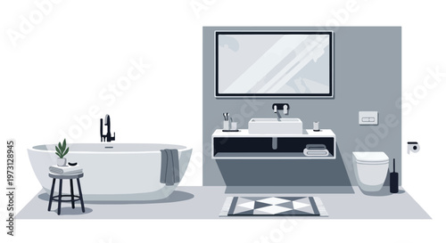 Modern minimalist bathroom design featuring a freestanding bathtub, sleek vanity with basin, and wall-mounted toilet in a monochromatic palette