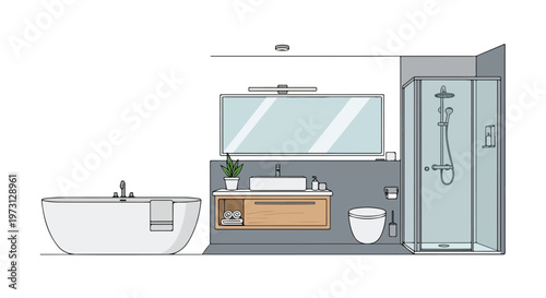 A minimalist line art illustration of a modern bathroom featuring a freestanding tub and a glass shower enclosure, clean lines, and essential