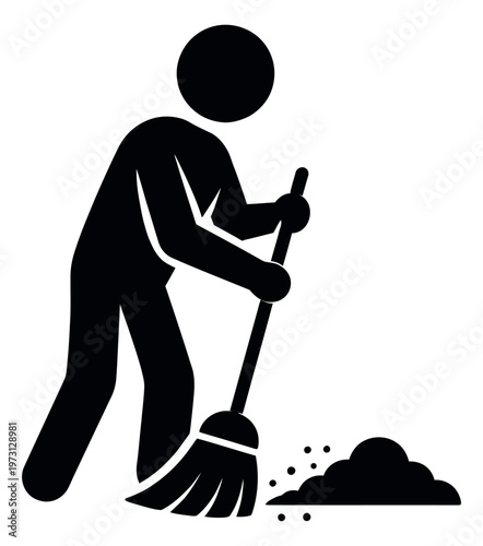 Pictogram-style illustration of a person depicting sweeping a mess for cleaning and hygiene