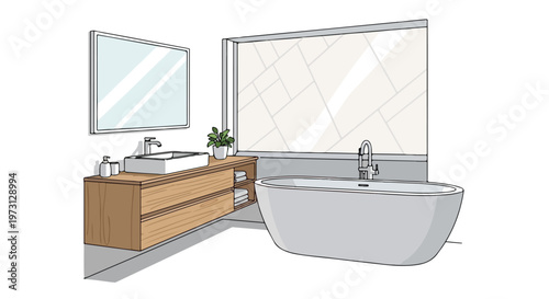Modern Bathroom Interior Design Sketch with Freestanding Bathtub and Vanity