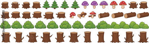 Cartoon forest elements collection with tree stumps logs bushes pine trees and mushrooms isolated vector set