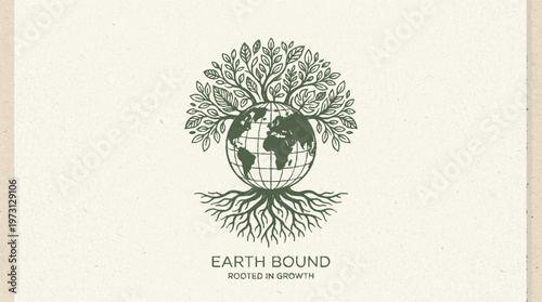 A minimalist vector graphic illustration of a globe with roots and leaves, symbolizing growth and harmony with nature