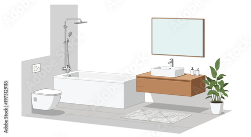 Modern Bathroom Sanctuary: A Minimalist Isometric View Featuring a Freestanding Bathtub, Wall-Mounted Vanity, and Sleek Fixtures for a Tranquil