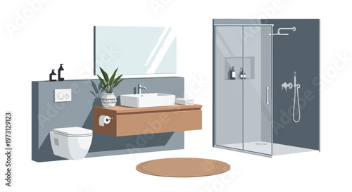 Modern Minimalist Bathroom Design Featuring a Floating Vanity and Sleek Glass Shower Enclosure with Subtle Detailing and Natural Accents