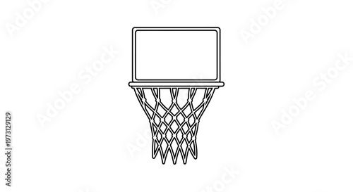 A black and white line drawing of a basketball hoop with a net and backboard, simple illustration.