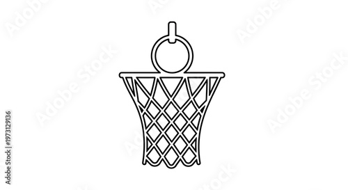 Black line art drawing of a basketball hoop with a net and a ring attached to the top.