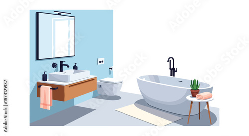 A minimalist modern bathroom illustration featuring a floating vanity with a sink and mirror, alongside a sleek bathtub and toilet