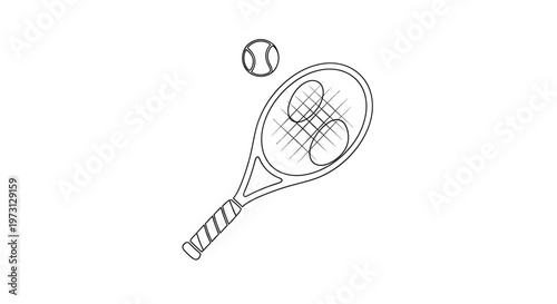 A black and white line drawing of a tennis racket and a tennis ball, representing the sport of tennis.