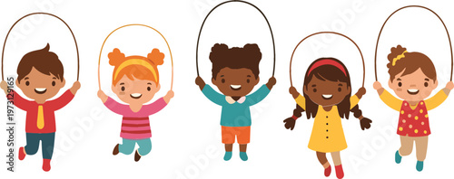 Children jumping rope in colorful outfits vector illustration set