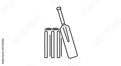 Line art illustration of a cricket bat leaning against stumps with bails, representing the sport of cricket.