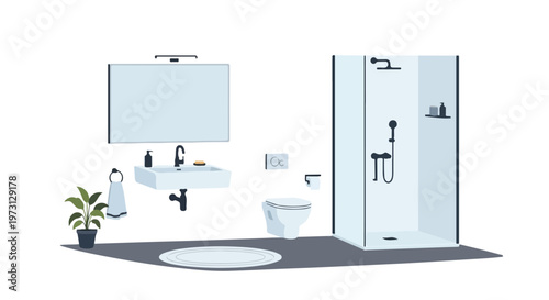 Modern and minimalist bathroom design featuring a sleek shower, vanity, and toilet with a touch of greenery