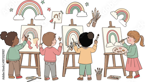 Children painting rainbows and clouds on easels with art supplies vector illustration set