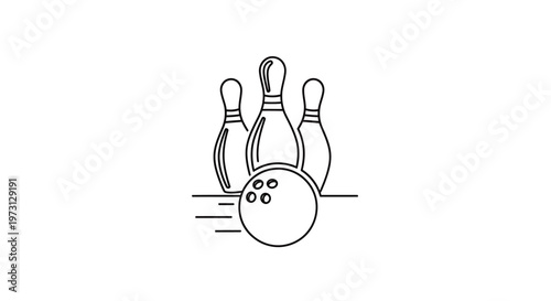 A line art illustration of a bowling ball rolling towards three bowling pins, depicting the sport of bowling.