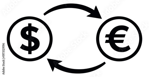 Line art illustration of dollar and euro currency symbols depicting exchange rate for financial transactions