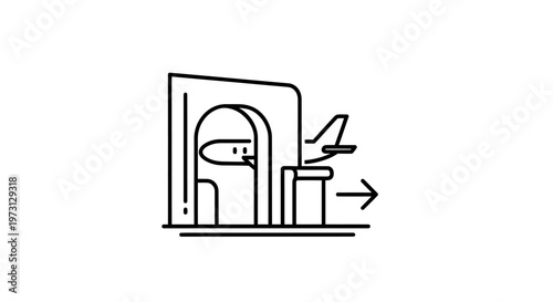 Line art illustration of an airport terminal gate with an airplane taking off and a directional arrow, symbolizing air travel and departures.