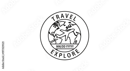 Monochrome line art logo featuring a globe, airplane, and 'Travel Explore' text, designed like a passport stamp.