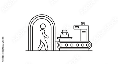 Line art illustration of airport security checkpoint with person and baggage scanner.