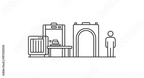 Airport security checkpoint with X-ray machine, metal detector, and person.
