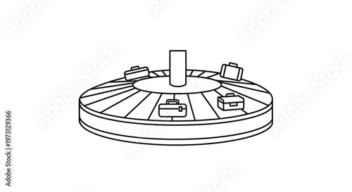 A black and white line drawing of a circular baggage carousel with several suitcases on it, typically found in an airport.