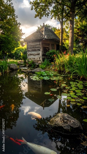 A tranquil scene with a rustic wooden structure by a koi pond. Lush greenery frames the structure and the water's reflective surface