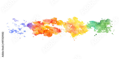 Vibrant watercolor paint splashes and artistic ink splatters create a colorful grunge texture pattern with rainbow stains on a white paper background element