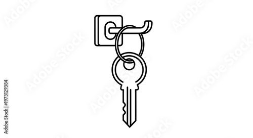 A single key on a keyring hanging from a wall hook, line art illustration on a white background.