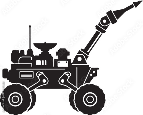 Black military rocket launcher vehicle, combat missile truck, armored warfare equipment, tactical transport