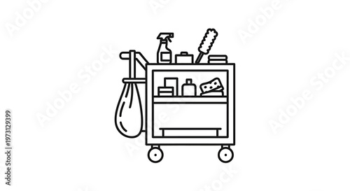 Line art illustration of a cleaning cart filled with various cleaning supplies and tools, including spray bottles, sponges, and brushes, on a white background.
