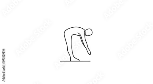 A person performing a forward bend yoga pose, touching their toes or shins in a simple line art illustration.