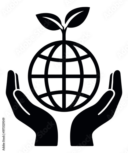Graphic illustration of hands holding a globe with a sprout depicting global environmental care for sustainability awareness