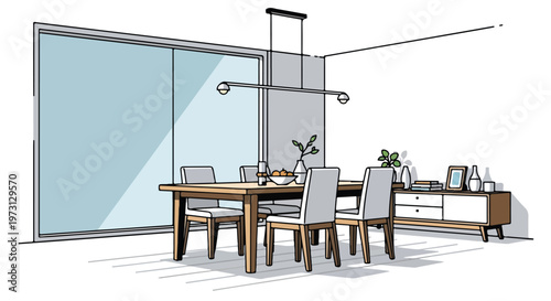 Contemporary Dining Room Illustration with Large Window and Minimalist Furniture, a Clean and Bright Interior Design Sketch