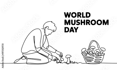 World Mushroom Day minimal one line art illustration of a person harvesting mushrooms with a wicker basket, perfect for nature, organic food, foraging, and eco-awareness design concepts.